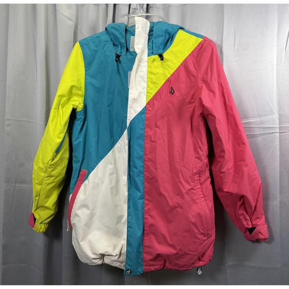 Volcom Jacket Womens Medium Colorblock Pink Blue Yellow Hooded Snowboard Coat - Picture 1 of 16